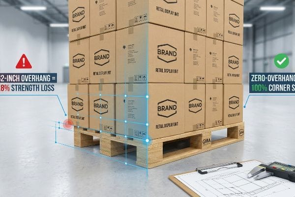 Cardboard boxes labeled 'Brand' and 'Retail Display Unit' on a GMA pallet, illustrating the impact of a 0.62-Inch Overhang causing 42.8% Strength Loss versus Zero-Overhang for 100% Corner Strength.