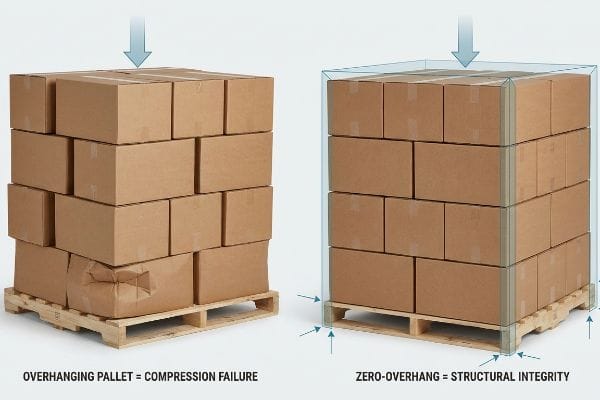 Brown cardboard boxes on pallets: one overhanging, showing Compression Failure; the other zero-overhang, demonstrating Structural Integrity.
