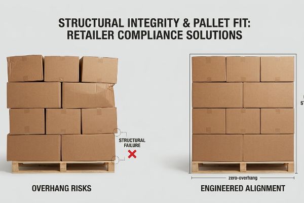 Brown cardboard boxes on pallets show Overhang Risks causing Structural Failure versus Engineered Alignment for Retailer Compliance.