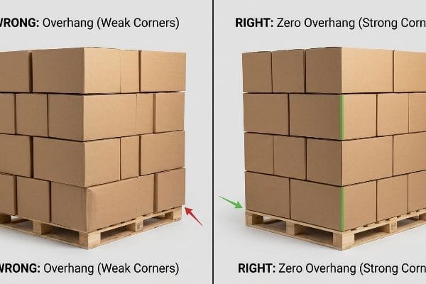 Comparison of cardboard box palletizing: Wrong shows overhang with weak corners; Right shows zero overhang for strong, aligned corners on the pallet.