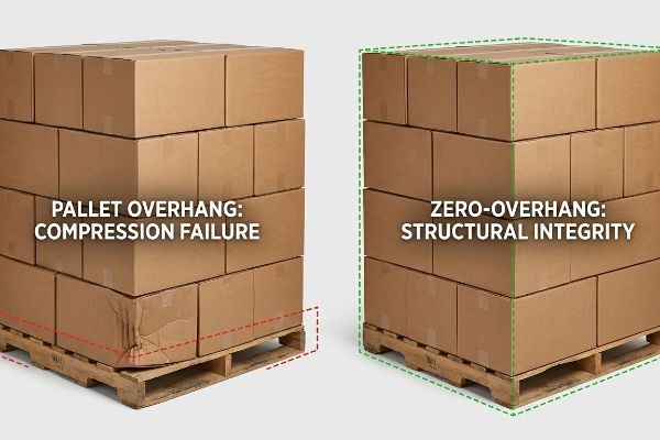 Brown corrugated boxes on pallets, contrasting Pallet Overhang: Compression Failure with Zero-Overhang: Structural Integrity.