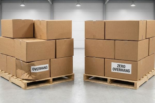 Brown corrugated cardboard boxes on wooden pallets, one stack showing 'Overhang' with a damaged box, the other 'Zero Overhang' for improved structural integrity.
