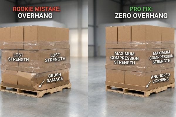 Cartons maîtres palettisés illustrant l'erreur de débutant : un débordement entraînant une perte de résistance et des dommages par écrasement, contre la solution professionnelle : un débordement nul pour une résistance à la compression maximale et des coins ancrés.