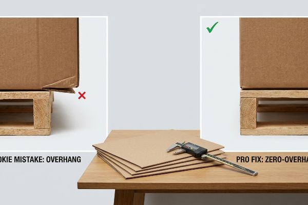 Brown corrugated cardboard box on a wooden pallet showing 'Rookie Mistake: Overhang' next to 'Pro Fix: Zero-Overhang' for proper support. A digital caliper measures flat cardboard sheets.