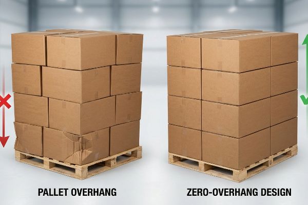 Brown cardboard boxes on pallets illustrate damaged Pallet Overhang versus stable Zero-Overhang Design, highlighting proper stacking.