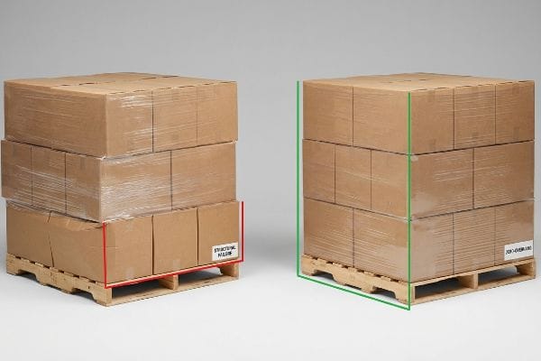 Brown corrugated master cartons on wooden pallets, illustrating structural failure from carton overhang (red outline) versus zero-overhang stability (green outline).