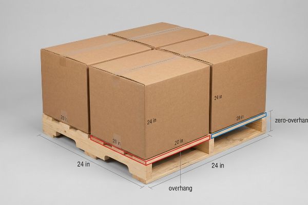 Brown cardboard boxes on a wooden pallet, demonstrating 24-inch box overhang (red) and 20-inch zero-overhang (blue).