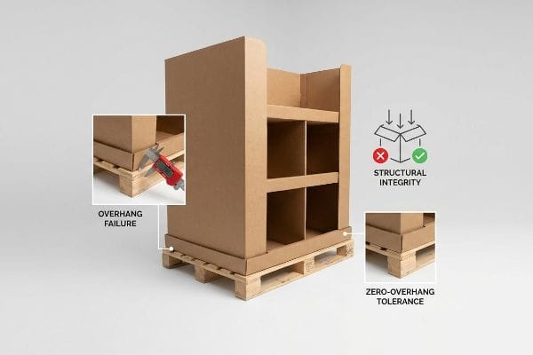 Corrugated merchandiser on GMA pallet, contrasting Overhang Failure (caliper) with Zero-Overhang Tolerance for structural integrity.