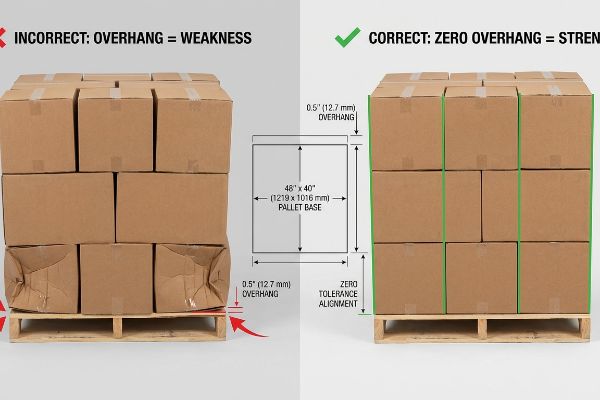 Brown corrugated boxes on a pallet show incorrect 0.5-inch (12.7 mm) overhang causing crushing versus correct zero-tolerance alignment for strength.