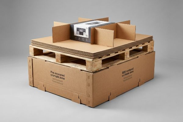 Brown corrugated pallet packaging with pre-scored crumple zone, B2B custored crumple zone, modular dividers, and protective slip sheets.