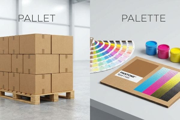 Stacked cardboard boxes on a wooden Pallet, contrasted with a Pantone color Palette fan deck, CMYK swatches, and paint pots.