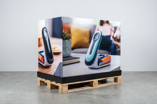 Corrugated pallet display with photographic graphics of black and teal smart devices on a table.