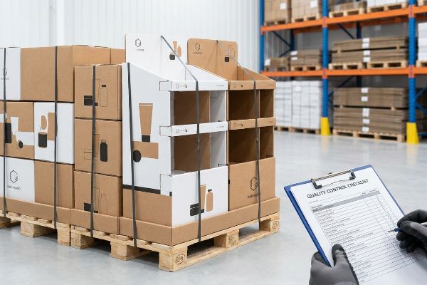 A quality control inspector reviews a checklist beside a pallet of 'First-Hand' corrugated retail displays and boxes in a warehouse.