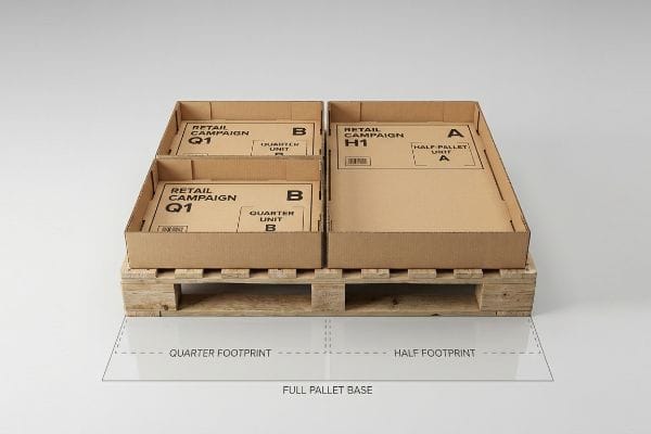 Palette en bois avec deux présentoirs en carton ondulé « Retail Campaign Q1 Quarter Unit B » et un « Retail Campaign H1 Half-Pallet Unit A », montrant des empreintes fractionnaires.