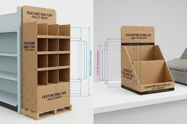 Palettendisplay mit Wellpappe-Endkappe (Grundfläche 48x40 Zoll) und ADA-konformes Theken-POS-Display (Reichweite 15-48 Zoll).