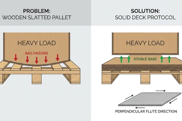 Wooden slatted pallet problem: 'Sag Hazard' from heavy load. 'Solid Deck Protocol' solution uses stable corrugated base, 'Perpendicular Flute Direction'.