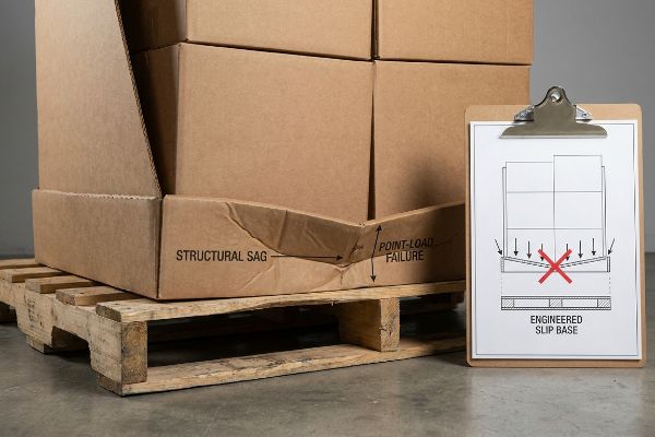 Brown cardboard boxes on a wooden pallet show Structural Sag and Point-Load Failure, with a diagram illustrating Engineered Slip Base issues.