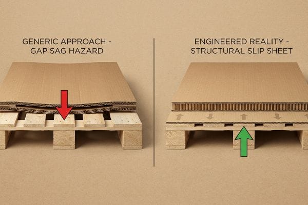 Corrugated cardboard sagging on a wooden pallet (Generic Approach - Gap Sag Hazard) vs. uniform support with an Engineered Reality Structural Slip Sheet.