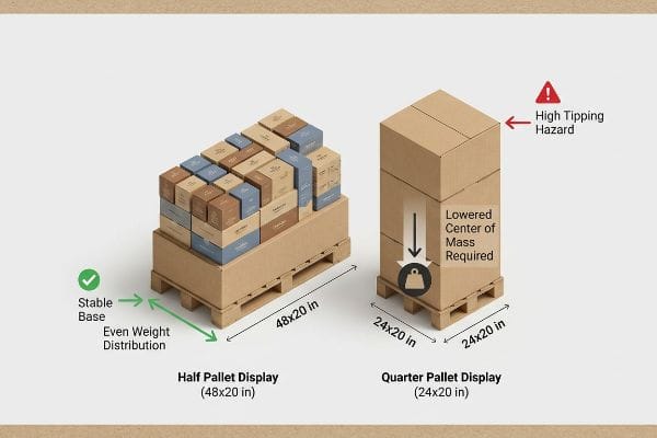 Stable 48x20 in Half Pallet Display vs. 24x20 in Quarter Pallet Display with high tipping hazard, lowered center of mass required.