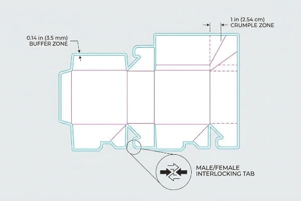 Technical dieline for a pallet skirt, detailing a 0.14 in (3.5 mm) Buffer Zone, 1 in (2.54 cm) Crumple Zone, and Male/Female Interlocking Tab.