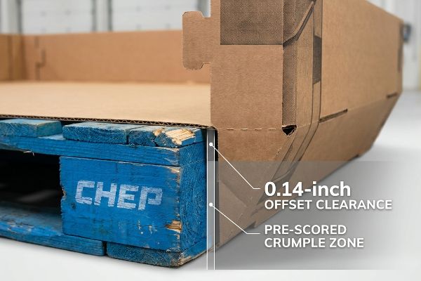 青色のChepパレットに、0.14インチのオフセットクリアランスとプレスコア加工された潰れ防止ゾーンを備えた茶色の波型パレットスカートエッジ。.