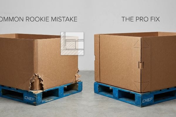 Corrugated pallet skirts on CHEP pallets, showing a ripped 'Common Rookie Mistake' versus 'The Pro Fix' with interlocking tabs.