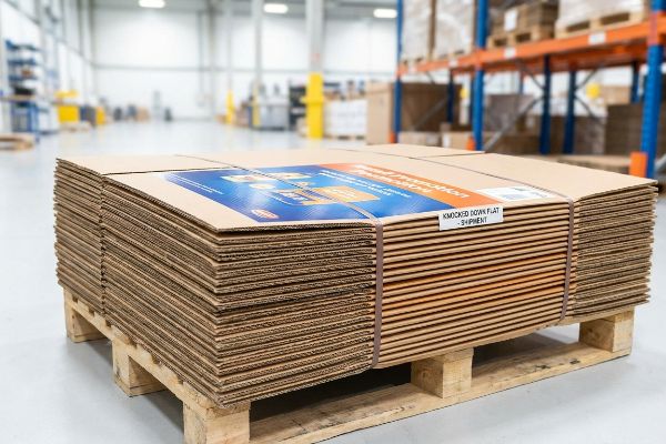 Flat-packed corrugated pallet skirts on a wooden pallet, labeled 'Knocked Down Flat - Shipment', ready for shipping.