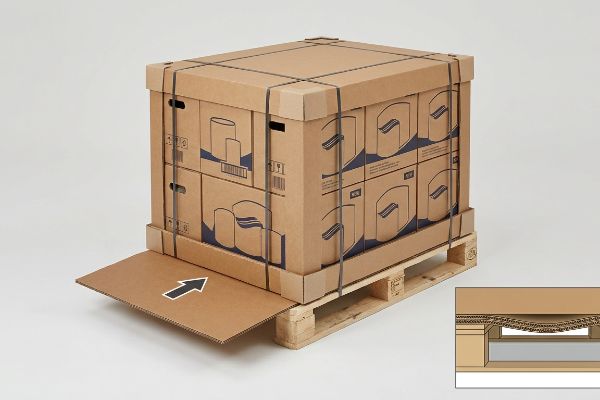 Corrugated shipping box with black straps on a wooden EUR EPAL pallet, featuring a slip sheet and an inset showing base sagging into deck voids.
