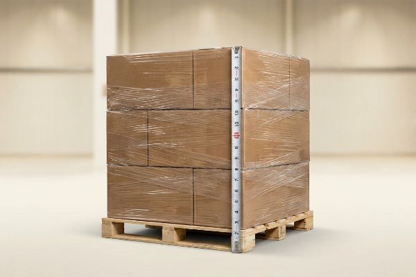 Brown corrugated master cartons, shrink-wrapped on a wooden pallet, with a measuring tape indicating the stack's height for shipping.