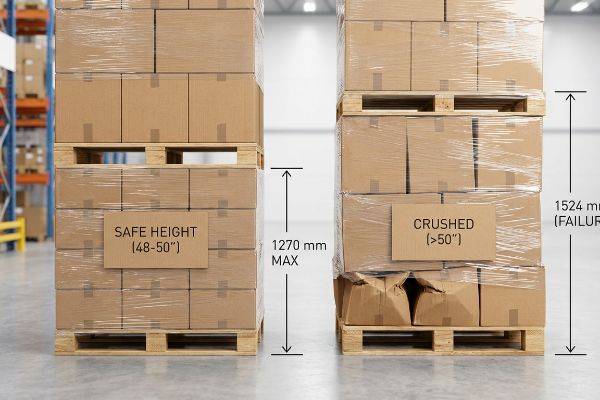 Shrink-wrapped cardboard boxes on pallets showing Safe Height (1270 mm) vs. Crushed (1524 mm) for shipping.