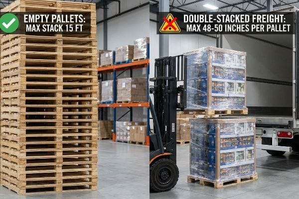 Warehouse scene showing empty wooden pallets stacked 15 ft high and a forklift loading double-stacked freight, limited to 48-50 inches per pallet.
