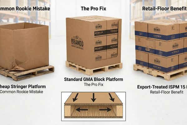 Three pallet types: crumpled box on cheap stringer, Brandd boxes on Standard Gma Block, and Export-Treated Ispm 15 pallets.