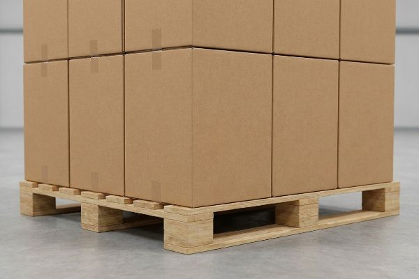 Brown corrugated master cartons stacked on a wooden pallet, showing vertical corner alignment for secure freight.