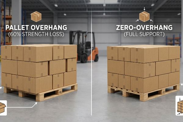 Corrugated master cartons on wooden GMA pallets show Pallet Overhang (60% Strength Loss) vs. Zero-Overhang (Full Support).