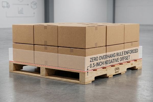 Des boîtes en carton ondulé brun empilées sur une palette GMA 48x40, illustrant la règle du débordement zéro appliquée avec un décalage négatif de 0,5 pouce.