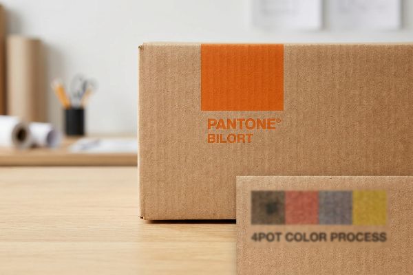 Brown kraft cardboard box featuring a vibrant orange Pantone Bilort spot color print, with a 4Pot Color Process swatch in the foreground.