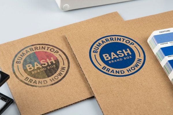 Corrugated cardboard displays two Bumarrintop Bash Brand Box logos: one muddy CMYK, one vibrant blue Pantone spot color, with a Pantone swatch book.