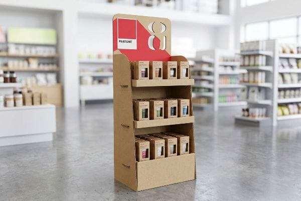 A corrugated cardboard retail display stand features a red Pantone header with aggressive die-cut shapes, showcasing various product boxes on three shelves.