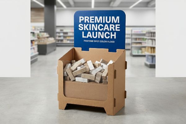 Corrugated dump bin, blue 'Premium Skincare Launch' header, Pantone Spot Color Flood, product boxes.