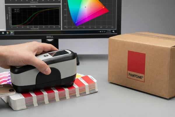 A hand holds a spectrophotometer over physical Pantone color swatches, ensuring accurate color calibration displayed on a Dell monitor, next to a Pantone-branded corrugated box.