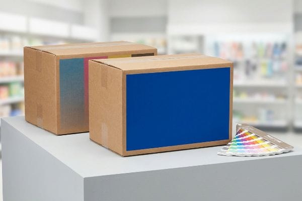 على شاشة بيضاء، يظهر صندوقان من الورق المقوى المموج بلوحة زرقاء صلبة وتدرج لوني CMYK، إلى جانب كتيب عينات ألوان بانتون.