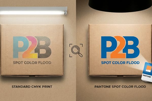 Brown cardboard boxes comparing P2B logo print: Standard CMYK Print's halftone dots versus vibrant Pantone Spot Color Flood.