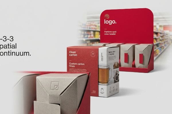 Red retail display with Pantone Spot Color Header, featuring Clean Carton and Custom Carton Finish products, demonstrating 3-3-3 spatial continuum.