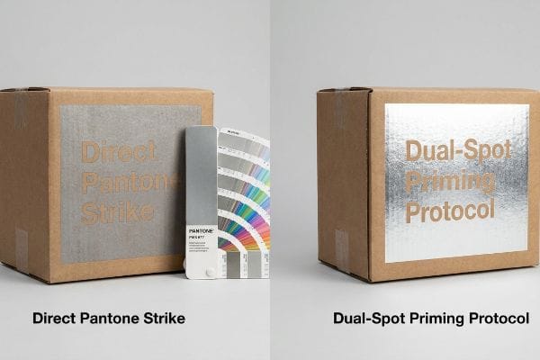 Cardboard boxes compare Direct Pantone Strike's dull finish with Dual-Spot Priming Protocol's brilliant metallic reflection, featuring Pantone PM877.