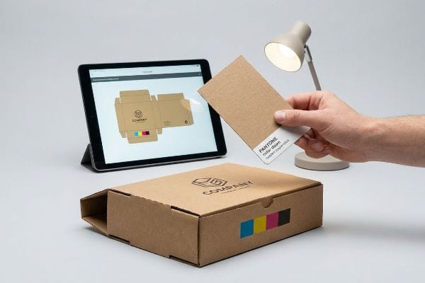 A hand holds a Pantone swatch card for color matching a Company cardboard packaging box, shown digitally on a tablet and as a physical CMYK sample.