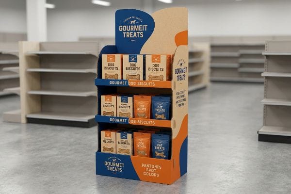 Blue and orange corrugated floor display showcasing Gourmeit Treats pet products: Dog Biscuits, Dog Treats, and Cat Treats, emphasizing Pantoni Spot Colors.