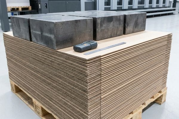 Stack of corrugated paperboard sheets under heavy dead-weight pressure, with a moisture meter and ruler, for PVA glue curing.