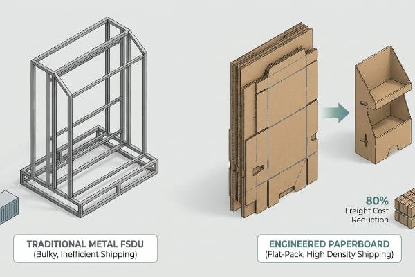 A gray metal FSDU frame stands beside flat-pack engineered paperboard transforming into a display, illustrating an 80% freight cost reduction for high-density shipping.