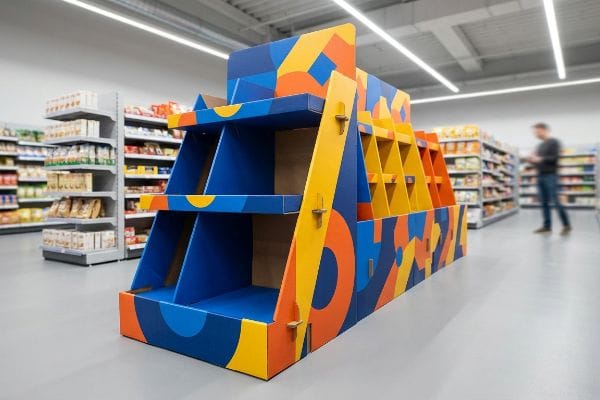 A vibrant point-of-purchase retail display in a supermarket aisle, with blue, orange, and yellow geometric patterns.