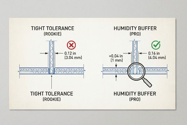 Diagram comparing Tight Tolerance (Rookie) 0.12 in (3.04 mm) slot with Humidity Buffer (Pro) 0.16 in (4.04 mm) slot, showing a +0.04 in (1 mm) paperboard clearance.